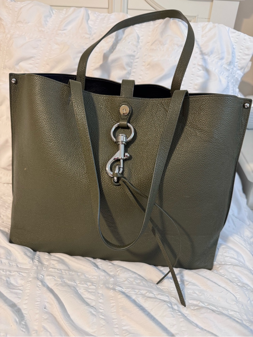Rebecca Minkoff Meghan Tote Bag in DOlive Green Leather with Silver Hardwar